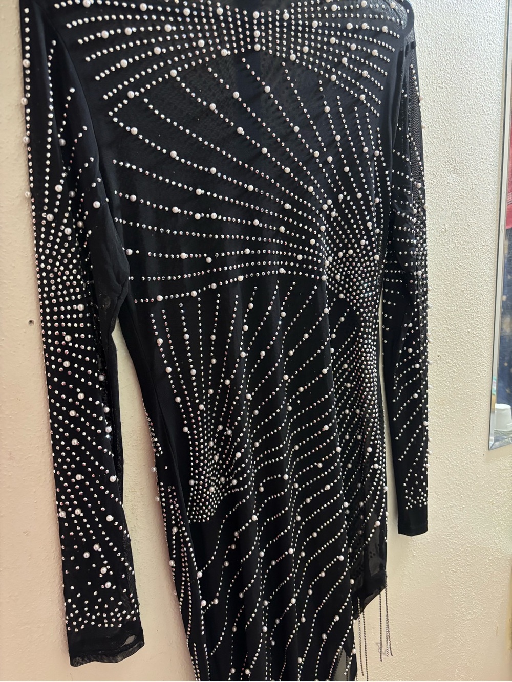 Black Rhinestone-Embellished Long Sleeve Dress